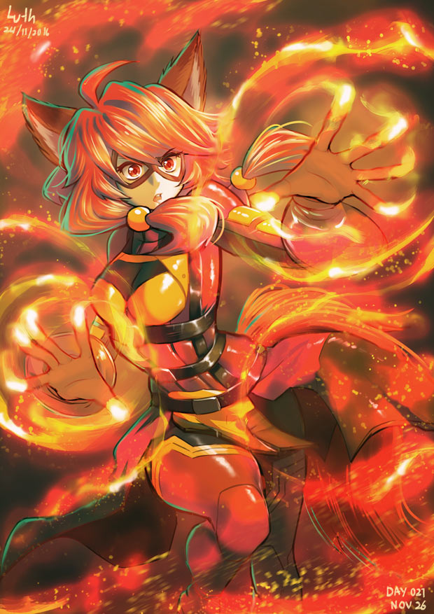 animal_ears artist_name commentary dated fire fox_ears jumpsuit lutherniel magic orange_eyes orange_hair original spell