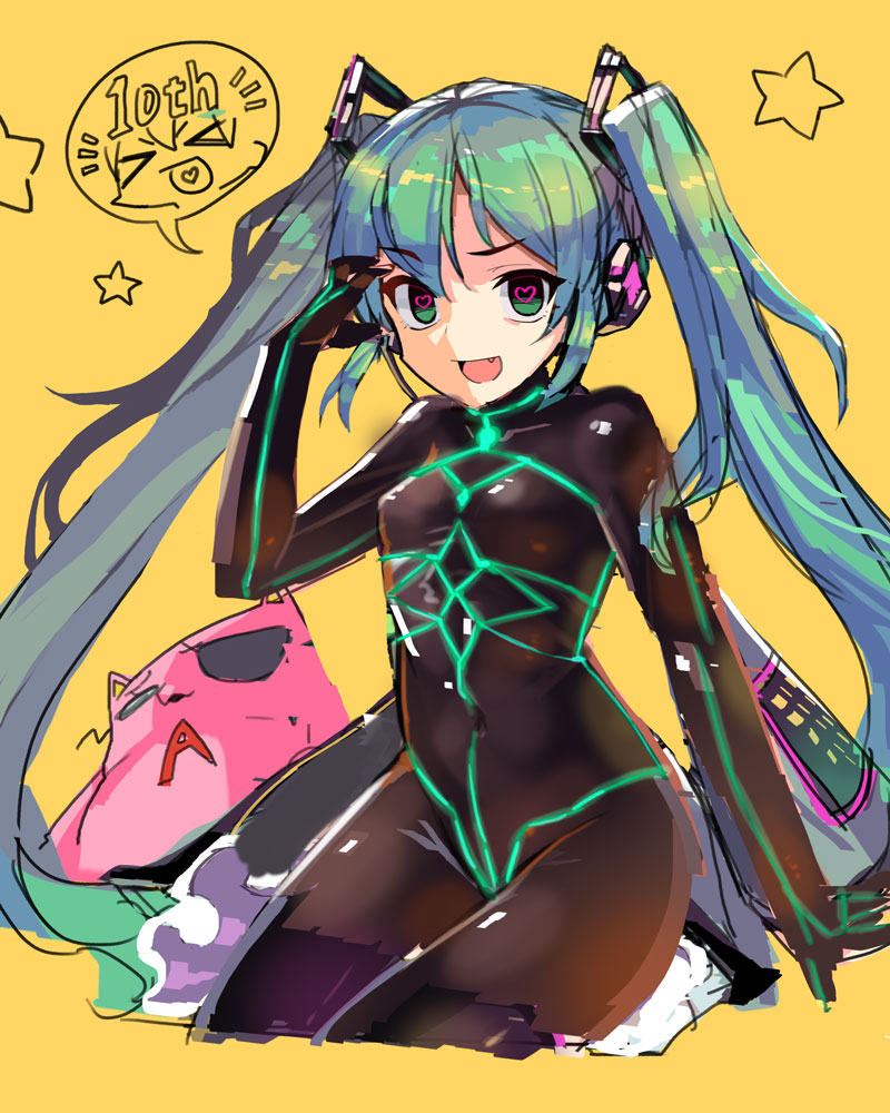 1girl :d aqua_hair bodysuit commentary fang green_eyes hatsune_miku heart heart-shaped_pupils long_hair looking_at_viewer no'mad open_mouth smile solo speech_bubble star sunglasses symbol-shaped_pupils twintails very_long_hair vocaloid