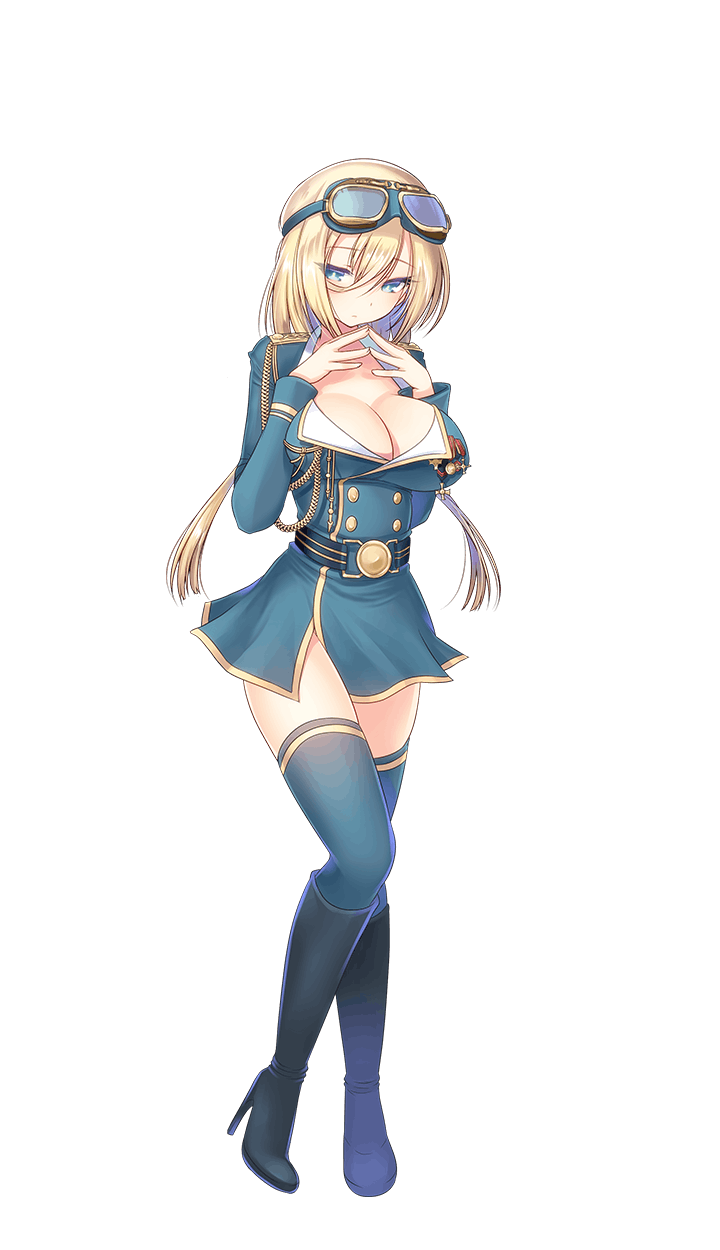108_gou 1girl blonde_hair blue_eyes blue_legwear boots breasts cleavage formation_girls full_body goggles goggles_on_head hands_together high_heel_boots high_heels highres large_breasts official_art petra_henry_clostermann solo thigh-highs transparent_background