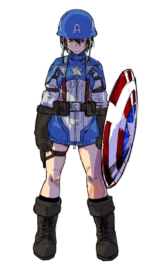 1girl captain_america captain_america_(cosplay) cosplay full_body kotoyama marvel shield short_hair solo