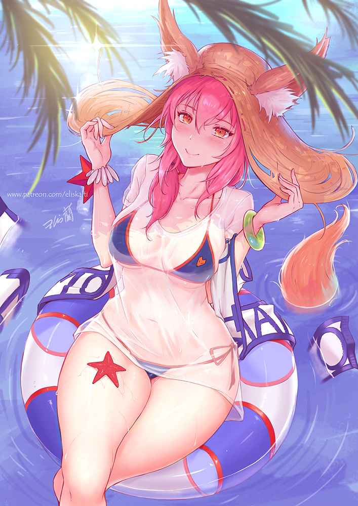 1girl animal_ears bikini blue_bikini blush breasts cleavage closed_mouth collarbone ears_through_headwear eliskalti fate/grand_order fate_(series) fox_ears fox_tail hat innertube large_breasts long_hair looking_at_viewer looking_up navel ocean palm_leaf pink_hair solo starfish swimsuit tail tamamo_(fate)_(all) tamamo_no_mae_(swimsuit_lancer)_(fate) water yellow_eyes