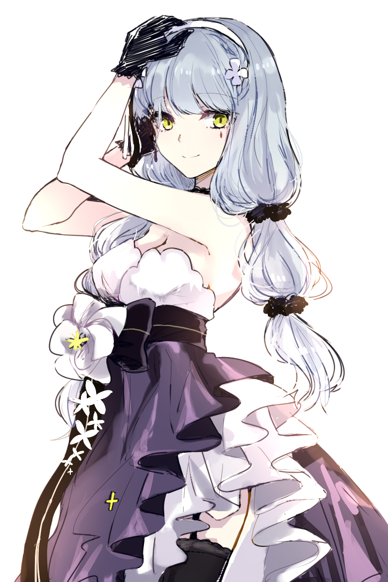 1girl bangs bare_shoulders black_gloves black_legwear breasts cleavage closed_mouth dress eyebrows_visible_through_hair facial_mark flower from_side garter_straps girls_frontline gloves green_eyes grey_hair hair_flower hair_ornament hairband hand_on_head highres hk416_(girls_frontline) light_blue_hair long_hair looking_at_viewer medium_breasts purple_dress retto simple_background smile solo teardrop thigh-highs tsurime twintails white_background