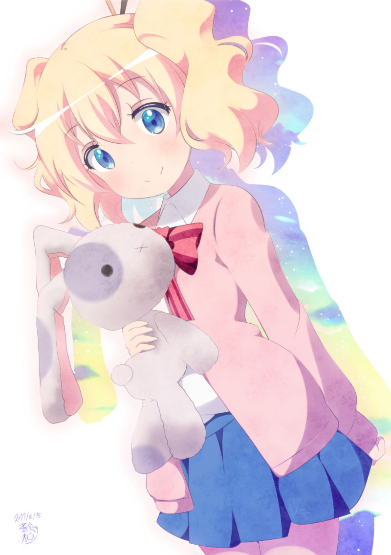 1girl :x alice_cartelet aosora_neko arm_behind_back artist_name bangs blonde_hair blue_eyes blue_skirt blush bow bowtie closed_mouth collared_shirt commentary_request cowboy_shot dated eyebrows_visible_through_hair flat_chest hair_between_eyes hair_ornament hair_stick holding holding_stuffed_animal kin-iro_mosaic long_sleeves looking_at_viewer pink_jacket pleated_skirt school_uniform shirt short_hair signature silhouette skirt smile solo standing striped striped_bow striped_bowtie stuffed_animal stuffed_bunny stuffed_toy twintails wavy_hair white_shirt wing_collar