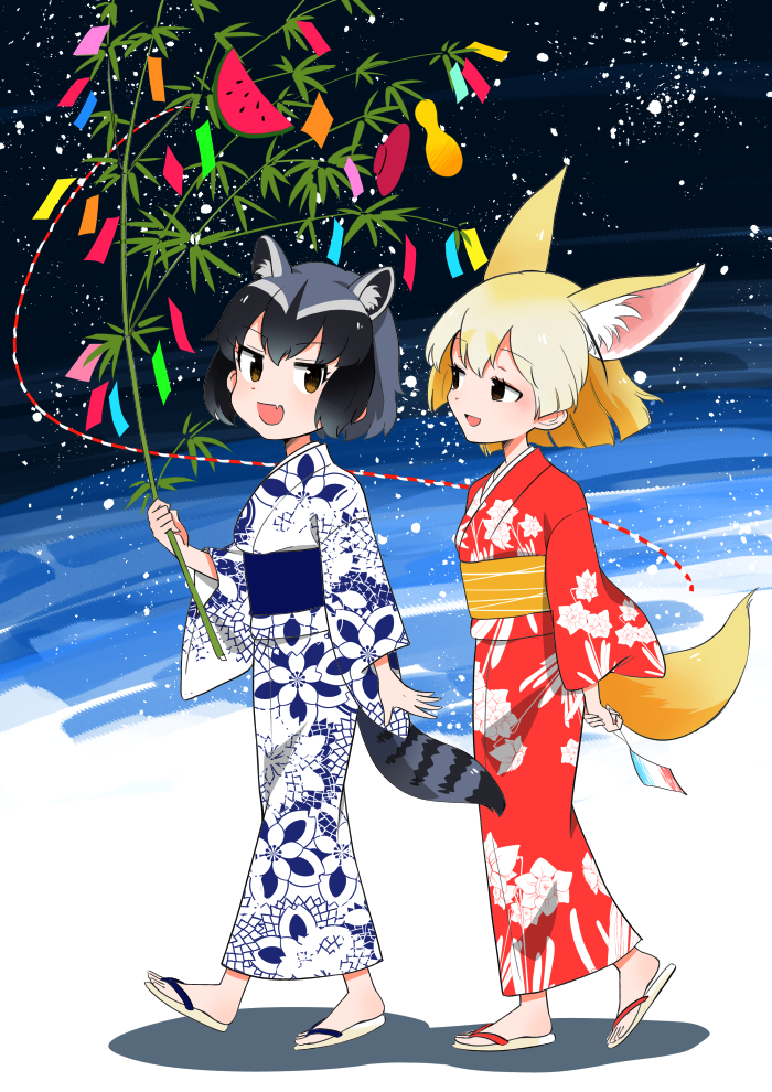 2girls :d alternate_costume animal_ears bamboo_shoot barefoot_sandals black_hair blonde_hair commentary common_raccoon_(kemono_friends) extra_ears fang feet fennec_(kemono_friends) floral_print food fox_ears fox_tail fruit full_body grey_hair half-closed_eyes japanese_clothes kanimura_ebio kemono_friends kimono leaf long_sleeves looking_at_another multicolored_hair multiple_girls open_mouth plant raccoon_ears raccoon_tail short_hair smile tail tanabata tanzaku walking watermelon wide_sleeves zouri