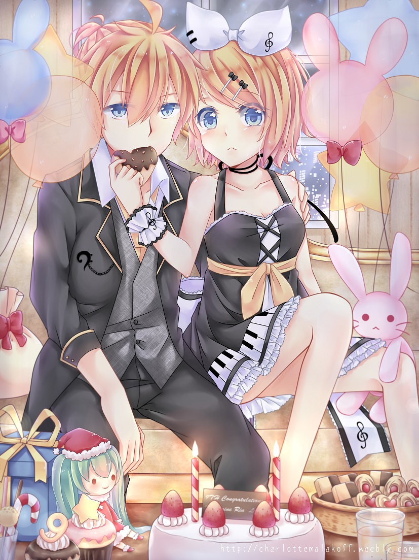 1boy 1girl balloon black_dress black_pants black_shirt blonde_hair blue_eyes bow box breasts brother_and_sister cake character_name cleavage dress feeding food gift gift_box hair_between_eyes hair_bow hair_ornament hand_on_another's_shoulder hatsune_miku heart kagamine_len kagamine_rin kirari860524 musical_note musical_note_print pants shirt short_dress short_hair siblings sitting sleeveless sleeveless_dress small_breasts vocaloid white_bow