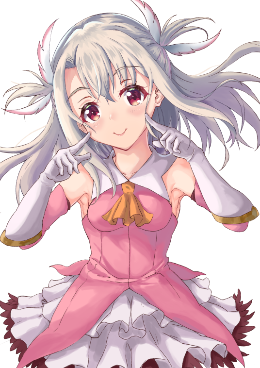 1girl ascot bare_shoulders blonde_hair c: commentary dress elbow_gloves eyebrows_visible_through_hair fate/kaleid_liner_prisma_illya fate_(series) feathers gloves hair_feathers head_tilt illyasviel_von_einzbern laurier long_hair looking_at_viewer magical_girl pink_dress pointing pointing_at_self prisma_illya red_eyes sleeveless sleeveless_dress smile solo two_side_up white_gloves