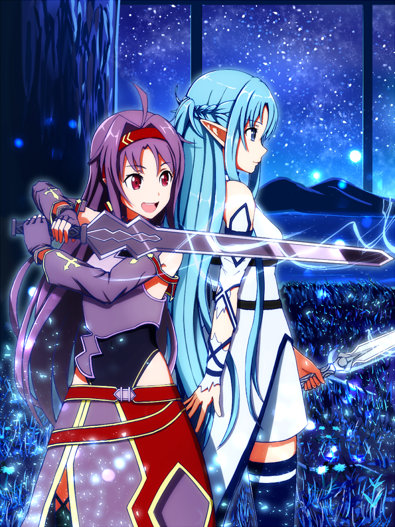 2girls :d ahoge ameto asuna_(sao) asuna_(sao-alo) blue_eyes blue_hair blue_legwear breastplate detached_sleeves eyebrows_visible_through_hair fingerless_gloves gloves hairband holding holding_sword holding_weapon long_hair miniskirt multiple_girls night open_mouth pointy_ears purple_gloves purple_hair purple_skirt red_eyes red_hairband skirt sky smile standing star_(sky) starry_sky sword sword_art_online thigh-highs very_long_hair weapon white_skirt yuuki_(sao) zettai_ryouiki