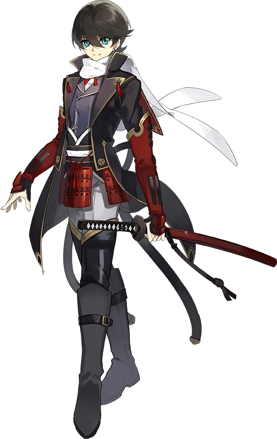 1boy armor black_hair blue_eyes boots coat double-breasted earrings horikawa_kunihiro japanese_armor jewelry kiwame_(touken_ranbu) knee_boots male_focus official_art scarf sheath sheathed shiramine_(srmn09) smile sword touken_ranbu transparent_background wakizashi weapon