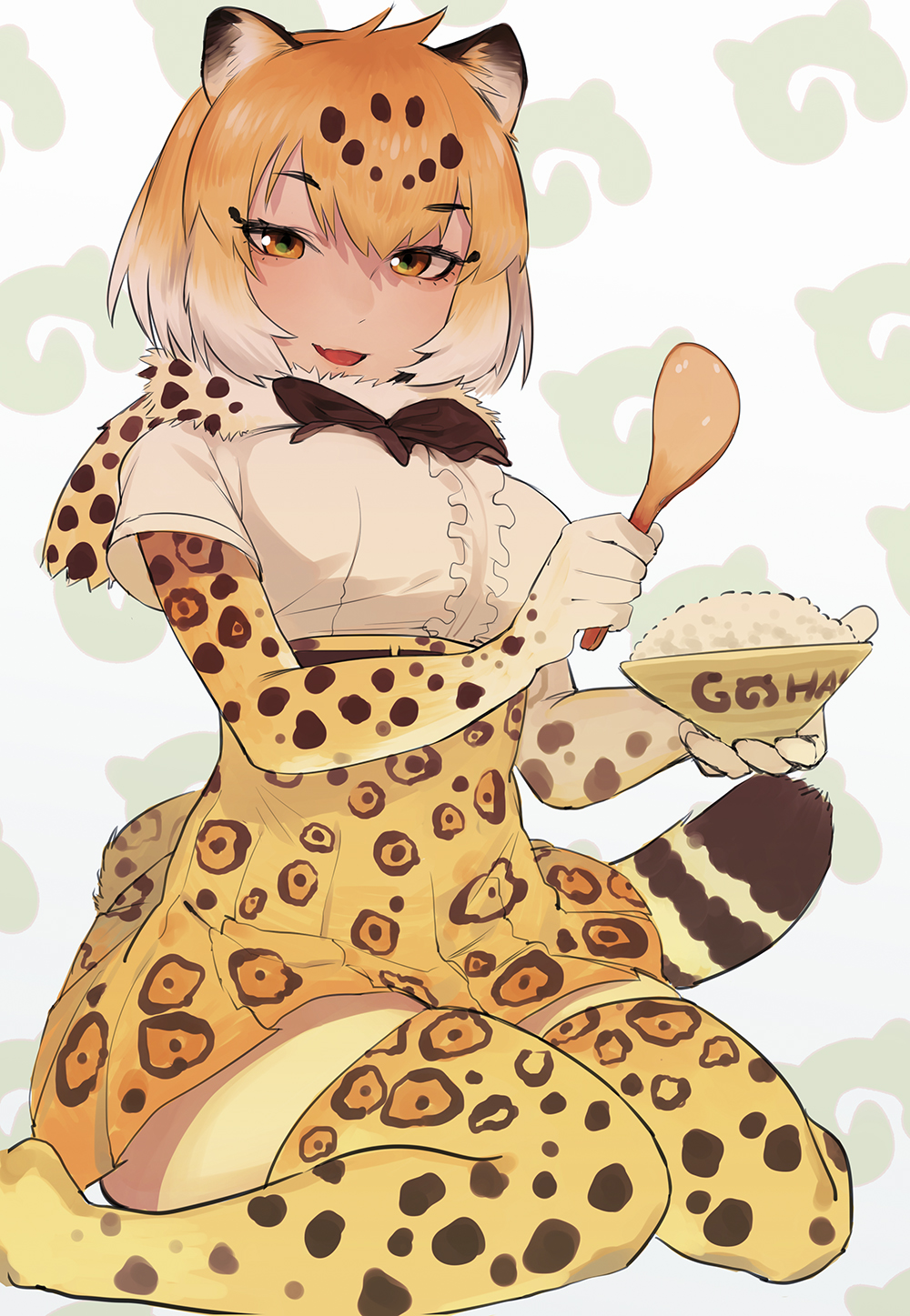 1girl :d black_bow blonde_hair bodystocking bow bowl bowtie breasts fur_trim gradient_hair half-closed_eyes highres jaguar_(kemono_friends) jaguar_print jaguar_tail japari_symbol juz kemono_friends looking_at_viewer multicolored_hair open_mouth orange_eyes rice seiza sitting smile solo spoon thigh-highs two-tone_hair white_hair zettai_ryouiki