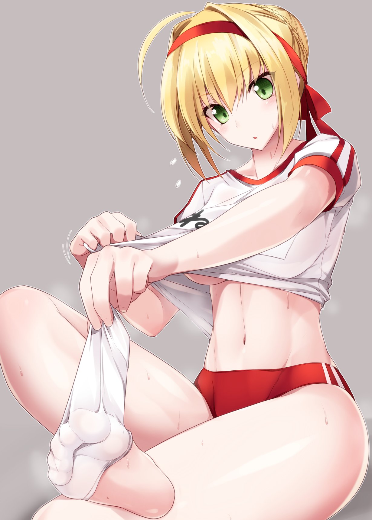 1girl ahoge ass bangs blonde_hair blush bra bra_through_clothes braid bread breasts buruma closed_mouth commentary_request cowboy_shot crop_top eyebrows_visible_through_hair fate/grand_order fate_(series) food french_braid from_side green_eyes gym_shirt gym_uniform hair_between_eyes hair_bun hair_intakes hairband headband highres holding_flag large_breasts leaning_forward looking_at_viewer looking_back midriff mouth_hold name_tag naturalton one_eye_closed open_mouth pose red_bra red_buruma saber_extra see-through shirt short_sleeves sidelocks simple_background small_breasts smile solo sweat t-shirt thighs tied_hair tied_shirt towel tsurime underwear white_background white_shirt
