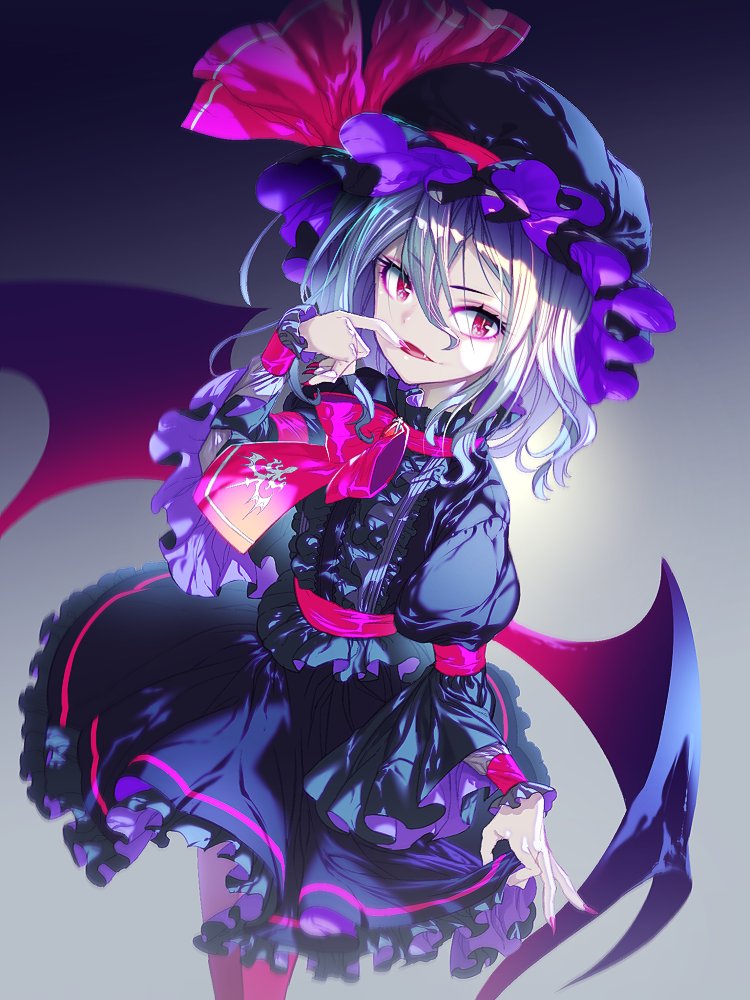 1girl alternate_color bat_wings black_background black_hat black_skirt center_frills commentary fang fingernails gradient gradient_background hair_between_eyes hat hat_ribbon long_sleeves looking_at_viewer mob_cap nail_polish pink_hair puffy_long_sleeves puffy_sleeves red_eyes red_nails red_ribbon remilia_scarlet ribbon sharp_fingernails silver_hair skirt skirt_set smile standing touhou wide_sleeves wings wrist_cuffs zounose