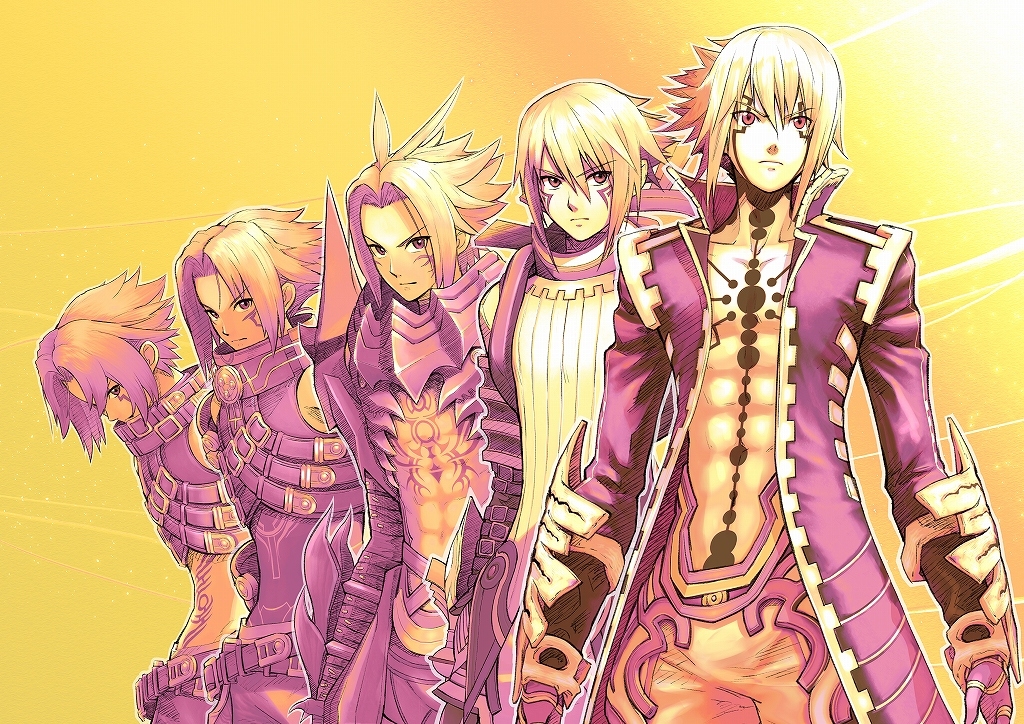 .hack// .hack//g.u. .hack//g.u._last_recode 1boy abs age_progression alternate_costume arm_guards armor belt facial_tattoo haseo_(.hack//) jacket midriff monochrome multiple_persona navel official_art open_clothes open_jacket spiky_hair stomach stomach_tattoo tattoo