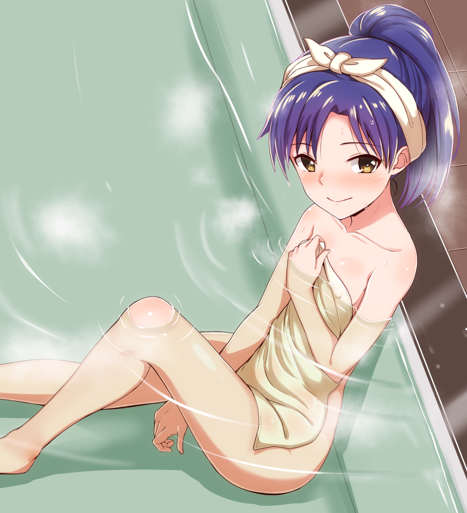 1girl bathroom between_legs blue_hair blush brown_eyes collarbone dan_(orange_train) flat_chest hand_between_legs high_ponytail idolmaster indoors kisaragi_chihaya long_hair naked_towel partially_submerged shiny shiny_skin sitting smile solo towel wet