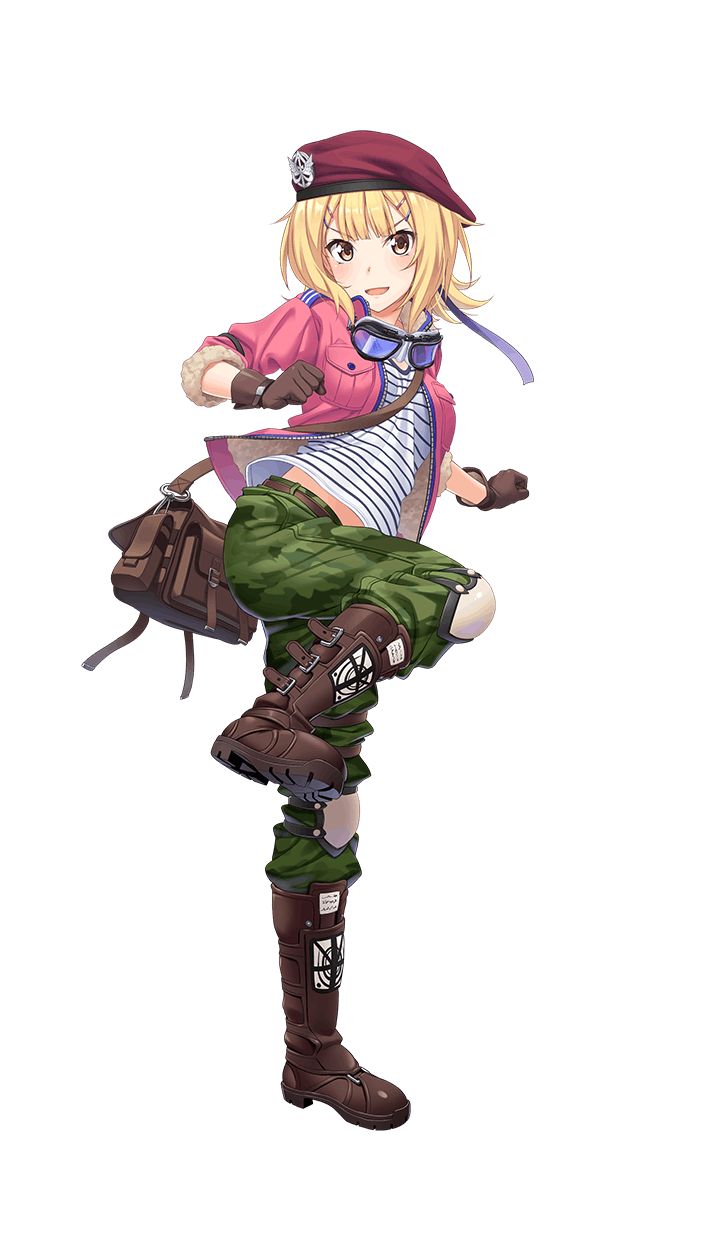 &gt;:d 1girl :d alise_flockheart bag beret blonde_hair boots brown_boots brown_gloves formation_girls full_body gloves goggles goggles_around_neck green_pants hat highres official_art open_mouth orange_eyes pants pink_jacket red_hat shirt short_hair smile solo striped striped_shirt tenkuu_nozora transparent_background