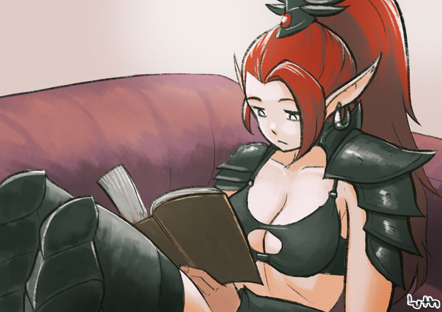 1girl book breasts cleavage cleavage_cutout commentary couch dark_eldar earrings elf jewelry legs legs_together lelit lutherniel pointy_ears ponytail reading redhead solo very_long_hair warhammer_40k wych
