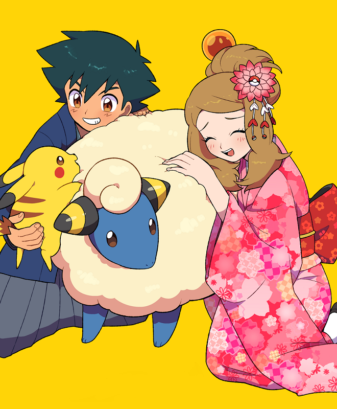 1boy 1girl alternate_costume alternate_hairstyle black_hair brown_eyes brown_hair floral_print flower hair_bun hair_flower hair_ornament japanese_clothes kimono mareep moyori obi pikachu pink_kimono pokemon pokemon_(anime) pokemon_xy_(anime) sash satoshi_(pokemon) serena_(pokemon) smile