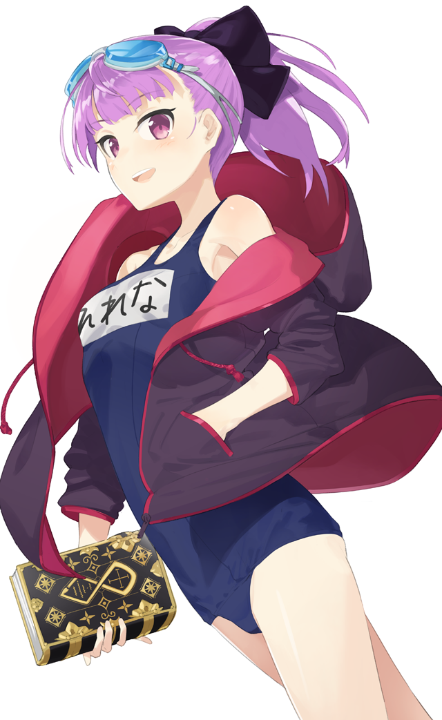 1girl book breasts dutch_angle fate/grand_order fate_(series) hayashi_kewi helena_blavatsky_(fate/grand_order) helena_blavatsky_(swimsuit_archer)_(fate) jacket looking_at_viewer name_tag open_mouth ponytail purple_hair school_swimsuit short_hair simple_background small_breasts solo swimsuit swimsuit_under_clothes violet_eyes white_background
