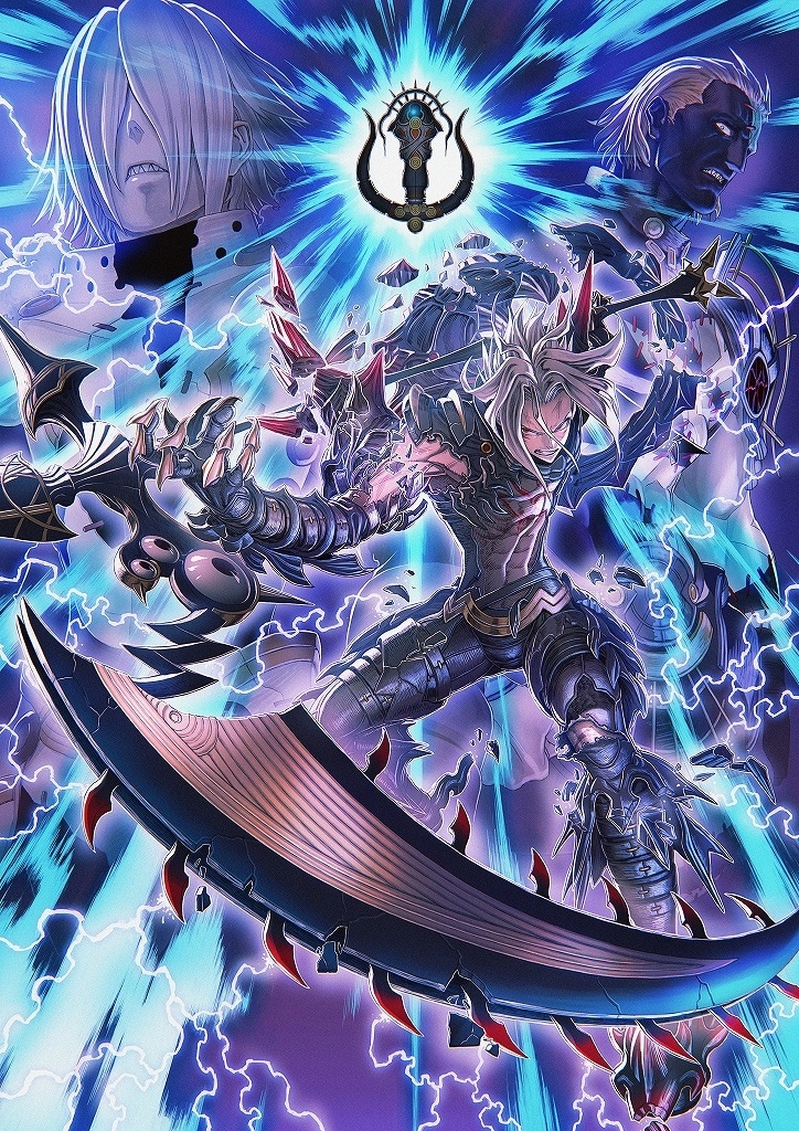 .hack// .hack//g.u. .hack//g.u._last_recode 4boys abs angry armor azure_balmung azure_kite azure_orca broken_armor electricity gauntlets haseo_(.hack//) looking_at_viewer multiple_boys official_art scythe spiky_hair tattoo torn_clothes weapon