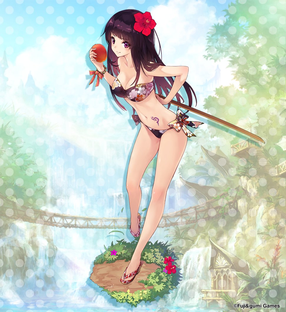 background bare_legs bare_shoulders bikini black_hair bokken bow bracelet breasts cleavage cliffs clouds company_name floral_print flower groin hair_flower hair_ornament holding holding_sword holding_weapon house jewelry lake looking_at_viewer mango masamune_(phantom_of_the_kill) medium_breasts navel official_art phantom_of_the_kill rope_bridge sandals shadow sky smile strapless strapless_bikini summer swimsuit sword tattoo tree violet_eyes water waterfall weapon wooden_sword