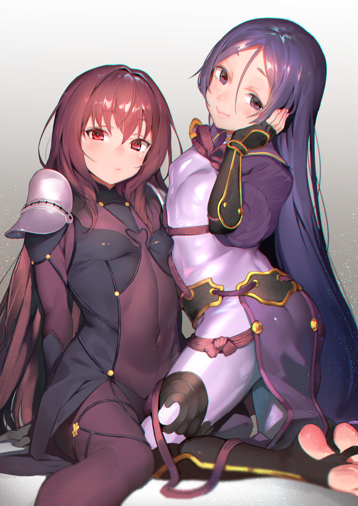 2girls :&gt; arm_guards armor bangs blush bodysuit closed_mouth covered_navel eyebrows_visible_through_hair fate/grand_order fate_(series) fingerless_gloves flower gloves gradient gradient_background grey_background hair_between_eyes hand_on_own_cheek hand_up hibiscus jaga_yamataro long_hair looking_at_viewer minamoto_no_raikou_(fate/grand_order) multiple_girls navel pauldrons pelvic_curtain purple_bodysuit purple_hair red_eyes scathach_(fate/grand_order) shoulder_armor sidelocks simple_background smile toeless_legwear tsurime very_long_hair violet_eyes younger