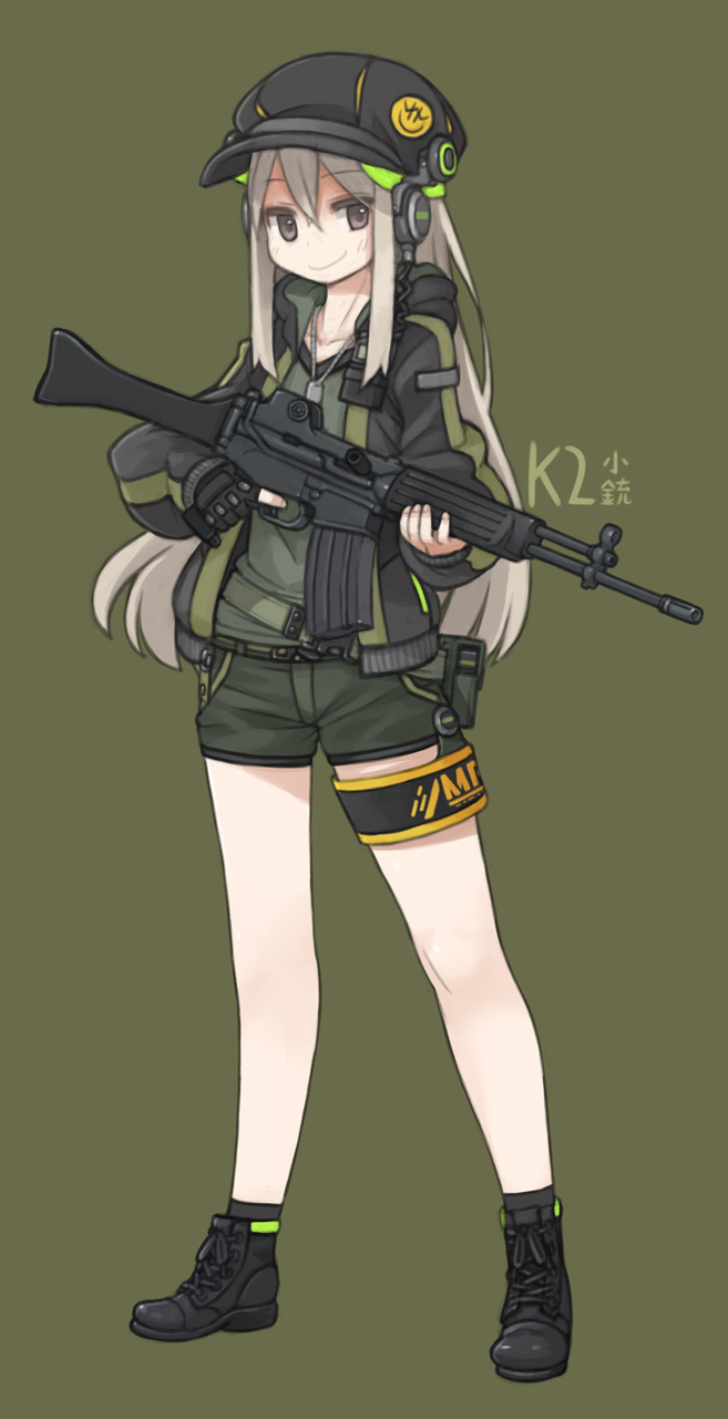 1girl ankle_socks assault_rifle belt belt_pouch black_gloves black_legwear boots brown_eyes cabbie_hat character_name daewoo_k2 dog_tags eyebrows_visible_through_hair finger_on_trigger full_body girls_frontline gloves green_background green_shirt green_shorts gun hair_between_eyes hat headphones highres jacket long_hair looking_at_viewer original platinum_blonde ran_system rifle shirt short_shorts shorts simple_background single_glove solo standing thigh_strap weapon