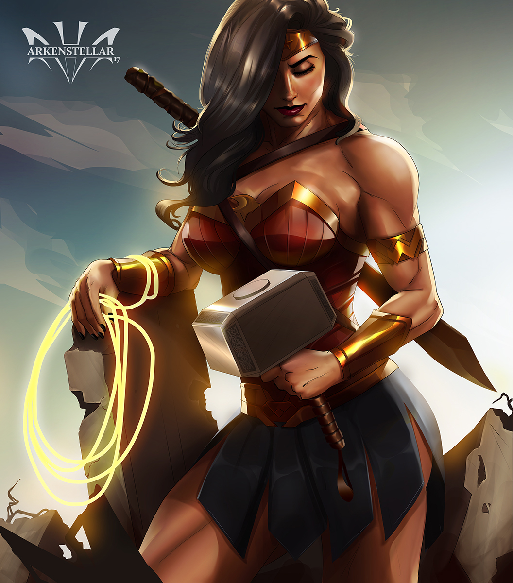 arkenstellar armlet artist_name bare_shoulders black_hair black_nails closed_eyes contrapposto cowboy_shot dc_comics hair_over_one_eye hammer highres lasso lasso_of_truth lipstick makeup marvel mjolnir muscle muscular_female nail_polish one_eye_covered red_lipstick sheath sheathed skirt superhero sword_behind_back tiara weapon wonder_woman wonder_woman_(series)