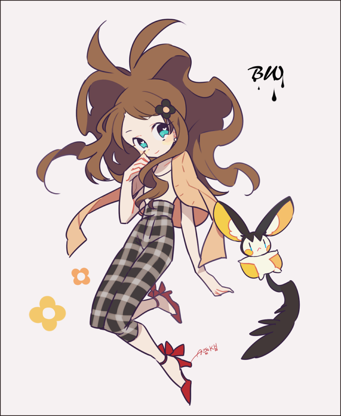 alternate_costume auko blue_eyes brown_hair emolga high_heels long_hair pants plaid plaid_pants pokemon pokemon_(game) pokemon_bw ponytail simple_background touko_(pokemon)