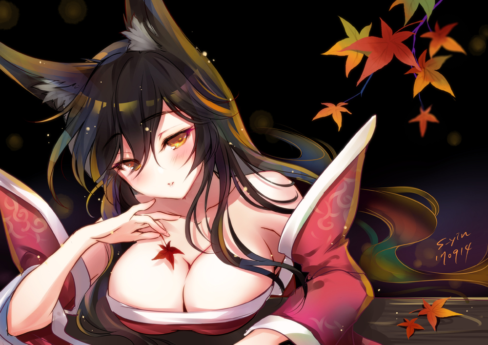 ahri animal_ears artist_name autumn_leaves bare_shoulders black_hair blush breasts cleavage dated detached_sleeves fox_ears korean_clothes large_breasts leaf league_of_legends lips long_hair s-yin slit_pupils upper_body yellow_eyes