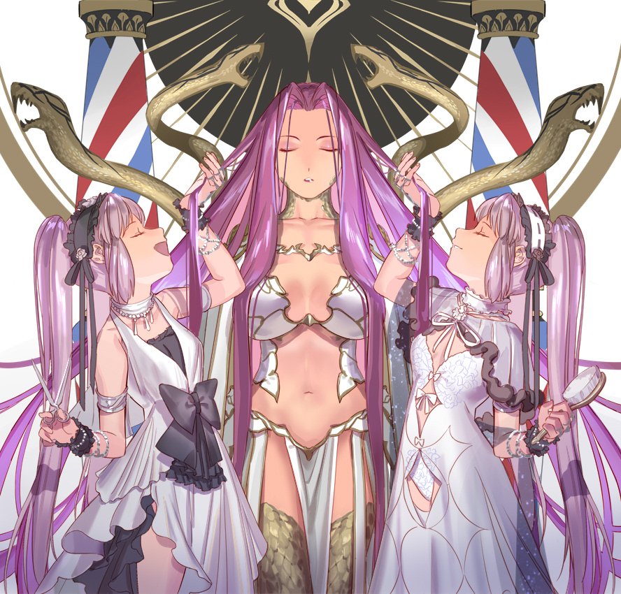 3girls breasts dress euryale facial_mark fate/grand_order fate/hollow_ataraxia fate/stay_night fate_(series) long_hair multiple_girls navel open_mouth purple_hair rider siblings sisters sleeveless smile stheno strapless twintails very_long_hair white_background