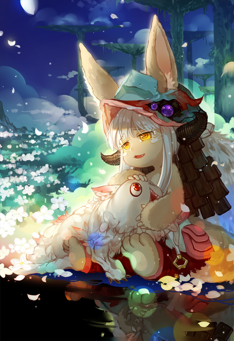 1girl :3 animal_ears brown_eyes eyebrows_visible_through_hair flower from_side full_body furrowed_eyebrows furry helmet horned_helmet huazha01 lens_flare looking_at_another looking_away made_in_abyss mitty_(made_in_abyss) nanachi_(made_in_abyss) pants parted_lips petals petting red_eyes reflection sitting topless white_hair