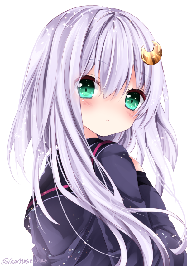 1girl aqua_eyes black_serafuku blush crescent crescent_hair_ornament eyebrows_visible_through_hair hair_between_eyes hair_ornament kantai_collection long_hair long_sleeves nanase_nao purple_hair school_uniform serafuku short_hair_with_long_locks simple_background solo white_background yayoi_(kantai_collection)