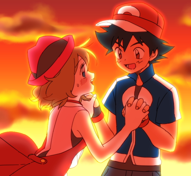 1boy 1girl baseball_cap black_hair blue_eyes blush brown_eyes brown_hair hand_holding hat interlocked_fingers looking_at_another moyori orange_(color) pokemon pokemon_(anime) pokemon_xy_(anime) satoshi_(pokemon) serena_(pokemon) short_hair smile sunset