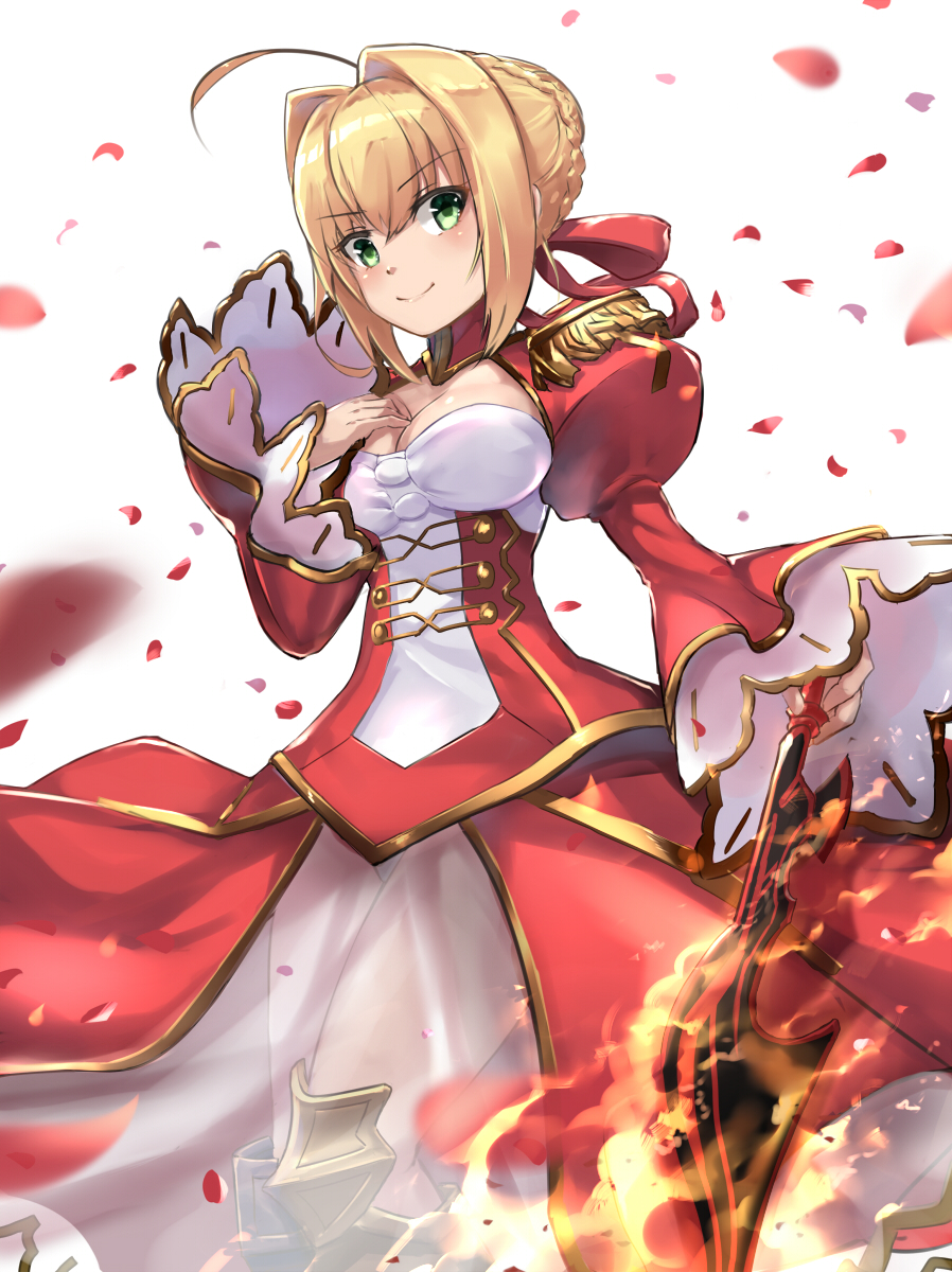 1girl aestus_estus ahoge blonde_hair breasts cleavage closed_eyes epaulettes fate/extra fate_(series) fire green_eyes hair_ribbon highres medium_breasts petals red_ribbon renka_(renkas) ribbon saber_extra short_hair simple_background smile solo sword weapon white_background wide_sleeves