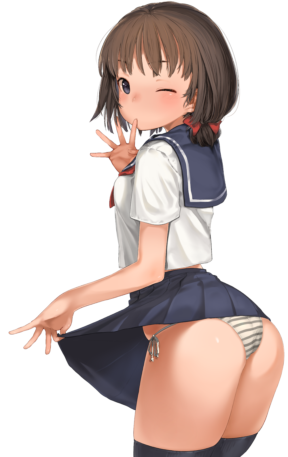 1girl ass black_legwear blouse blue_eyes blue_skirt blush bow breasts brown_hair commentary_request finger_to_mouth from_behind hair_bow highres kei_(soundcross) lifted_by_self looking_at_viewer looking_back neckerchief one_eye_closed original panties pleated_skirt red_bow red_neckerchief school_uniform serafuku short_hair short_sleeves side-tie_panties simple_background skirt skirt_lift small_breasts solo standing striped striped_panties thigh-highs underwear white_background white_blouse