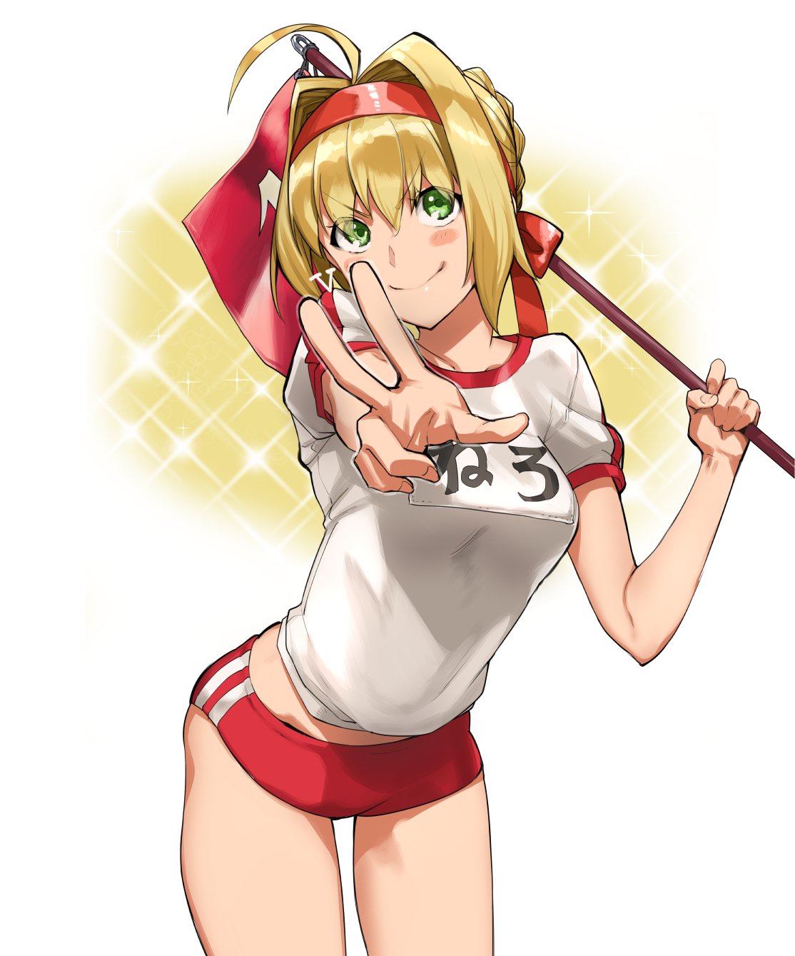 1girl blonde_hair buruma fate/extra fate/grand_order fate_(series) flag green_eyes gym_uniform headband highres saber_extra tsurusaki_yuu v