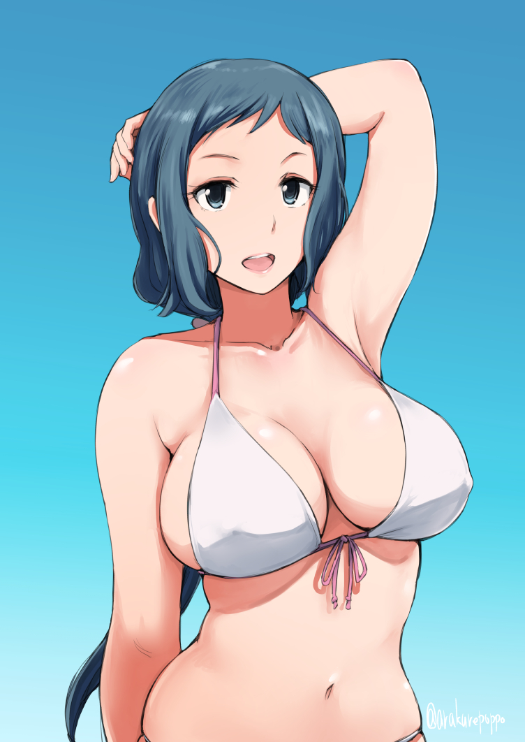 1girl arakure arm_at_side arm_behind_head arm_up bikini blue_background blue_eyes blue_hair breasts cleavage collarbone commentary_request erect_nipples front-tie_top gradient gradient_background gundam gundam_build_fighters iori_rinko large_breasts long_hair looking_at_viewer navel open_mouth ponytail simple_background smile solo swimsuit twitter_username upper_body very_long_hair white_bikini