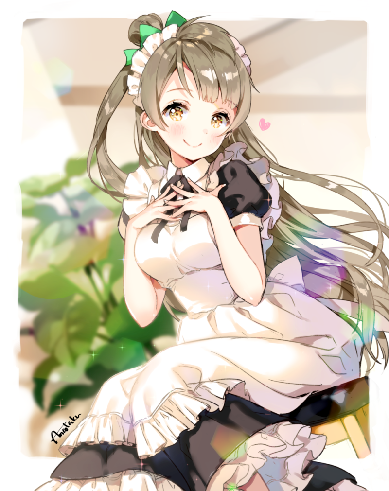 1girl anco_(melon85) apron artist_name bangs black_ribbon blurry blurry_background blush bow brown_eyes commentary_request dress frilled_apron frills green_bow grey_hair hair_bow hands_on_own_chest heart long_hair looking_at_viewer love_live! love_live!_school_idol_project maid maid_headdress minami_kotori neck_ribbon one_side_up ribbon short_sleeves sitting smile solo white_apron
