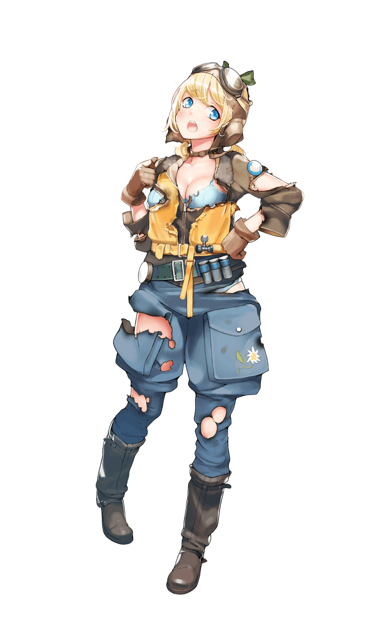 1girl :o ataruman aviator_cap black_boots blonde_hair blue_bra blue_eyes blush boots bra breasts brenda_meyer brown_gloves cleavage formation_girls full_body gloves goggles goggles_on_headwear hand_on_hip highres official_art open_mouth solo torn_clothes transparent_background underwear yellow_vest