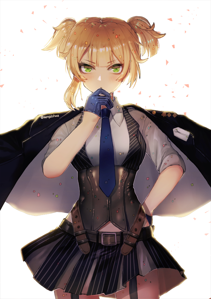 1girl asymmetrical_hair bangs belt blue_gloves blue_necktie blue_skirt blunt_bangs breasts closed_mouth collared_shirt cowboy_shot dress_shirt eyebrows_visible_through_hair garter_straps girls_frontline gloves half_gloves hanato_(seonoaiko) hand_on_hip hand_up jacket_on_shoulders looking_at_viewer medium_breasts necktie pleated_skirt serious shirt short_twintails simple_background skirt solo striped striped_skirt tsurime twintails twitter_username vest welrod_mk2_(girls_frontline) white_background white_shirt