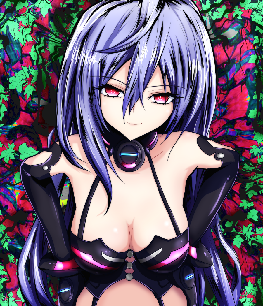 1girl blue_hair bodysuit breasts cleavage collarbone cowboy_shot hair_between_eyes iris_heart kami_jigen_game_neptune_v leotard long_hair looking_at_viewer medium_breasts neptune_(series) power_symbol pururut red_eyes shimontaru smile solo straddling symbol-shaped_pupils upper_body