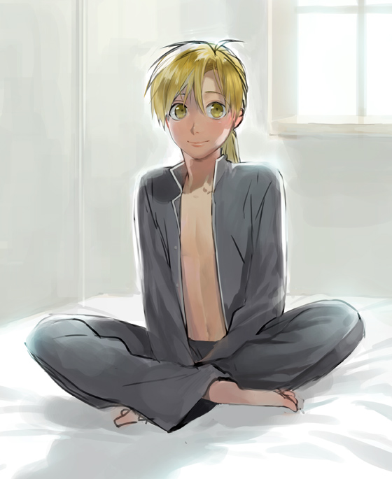 1boy alphonse_elric androgynous barefoot bed blonde_hair fullmetal_alchemist grey_background legs_crossed long_hair looking_at_viewer male_focus noako open_clothes open_shirt pants shirt simple_background smile solo_focus window yellow_eyes