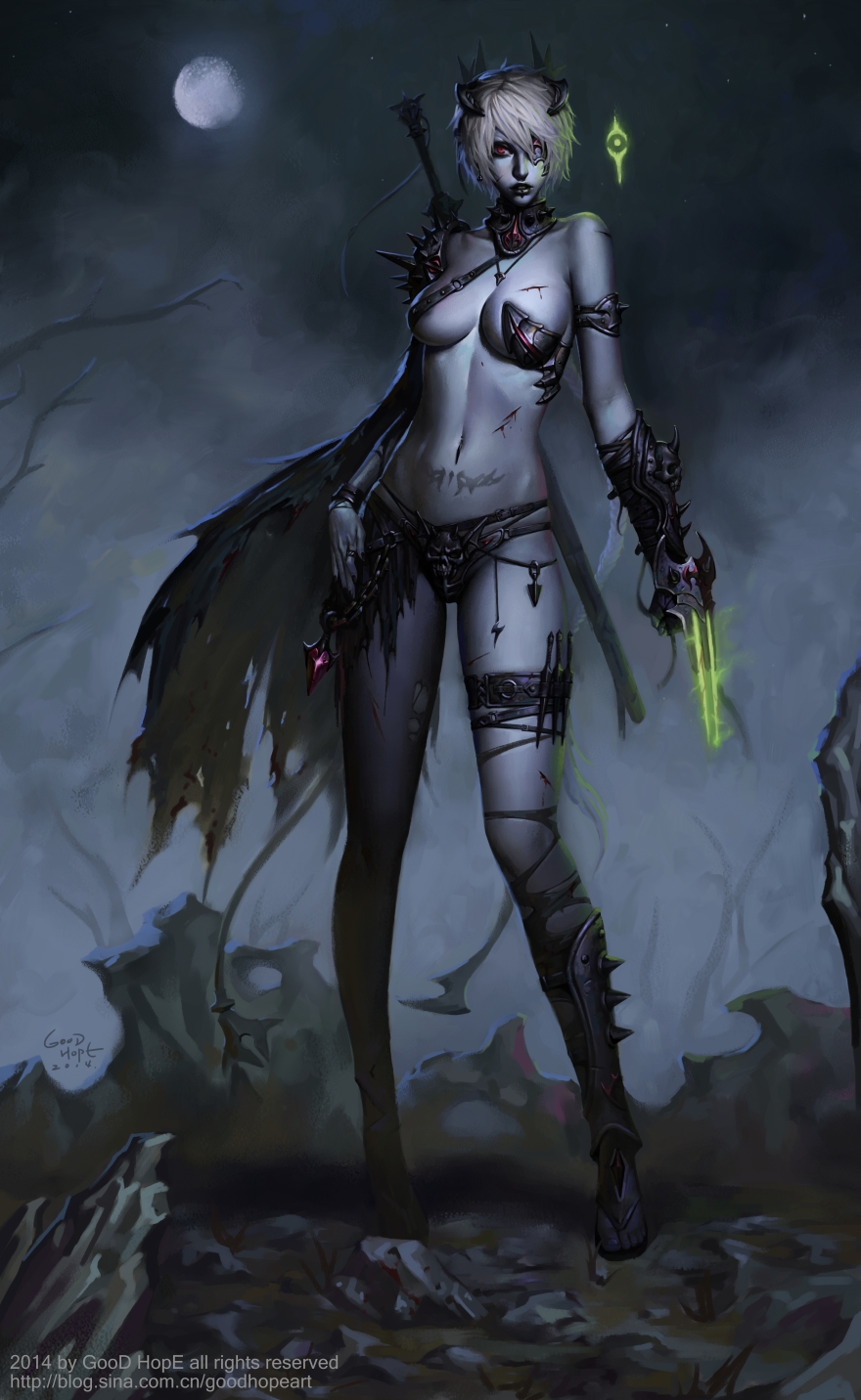 1girl armlet armor artist_name asymmetrical_clothes black_wing blood braid chains claw_(weapon) dated demon_panties detached_collar eyepatch fog full_body hair_ornament hand_on_hip highres long_hair looking_at_viewer moon navel night one_eye_closed original parted_lips realistic scar shin_guards short_hair shoulder_armor single_pantsleg single_wing standing stomach_tattoo sword sword_behind_back thigh_strap tree vambraces weapon wings