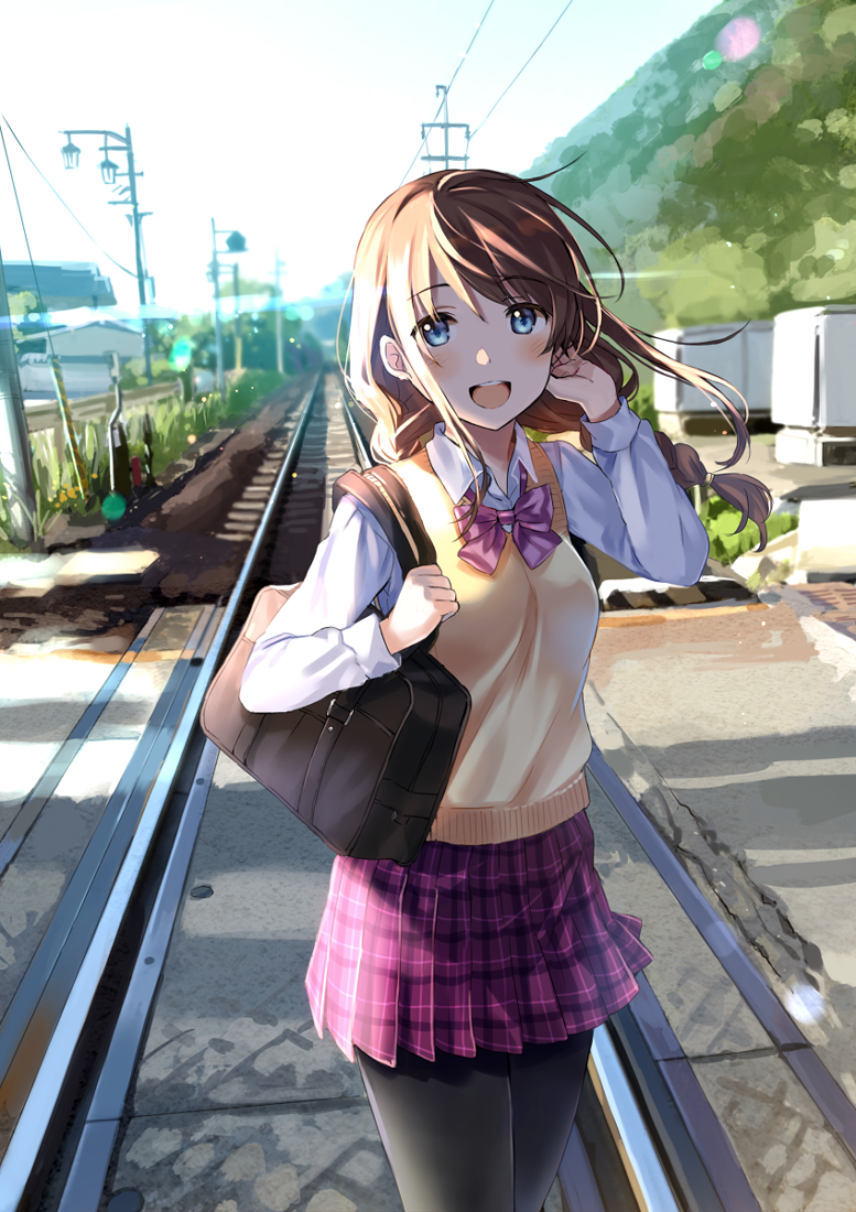 1girl :d bag bangs black_legwear blue_eyes blush brown_hair day eyebrows_visible_through_hair lens_flare long_hair long_sleeves looking_at_viewer morning open_mouth original outdoors pantyhose plaid plaid_skirt pleated_skirt purple_skirt railroad_tracks school_bag school_uniform shoulder_bag skirt smile solo standing sweater_vest tan_(tangent) teeth thighs wind