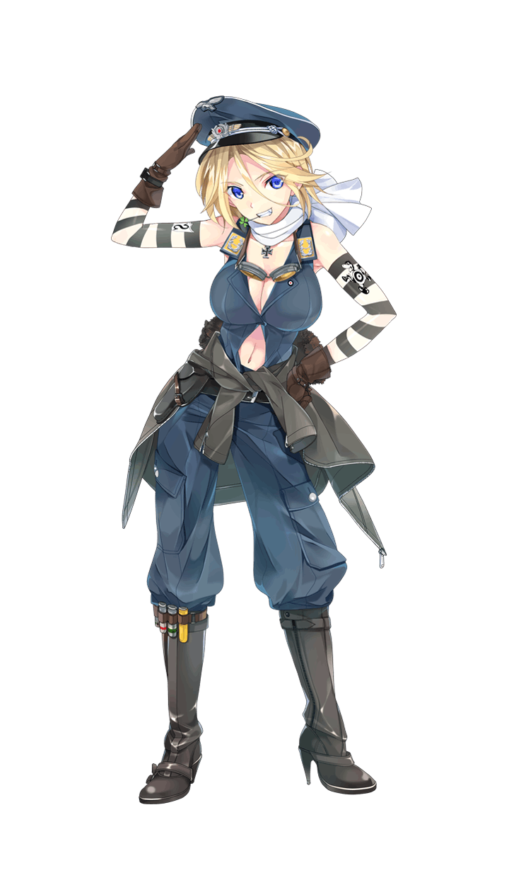 1girl adel_garland black_boots blonde_hair blue_eyes boots breasts brown_gloves cleavage clothes_around_waist clover elbow_gloves formation_girls four-leaf_clover full_body gloves goggles goggles_around_neck hand_on_hip hat high_heel_boots high_heels highres jacket_around_waist large_breasts looking_at_viewer midriff military_hat navel_cutout official_art peaked_cap salute scarf solo taira_tsukune transparent_background white_scarf