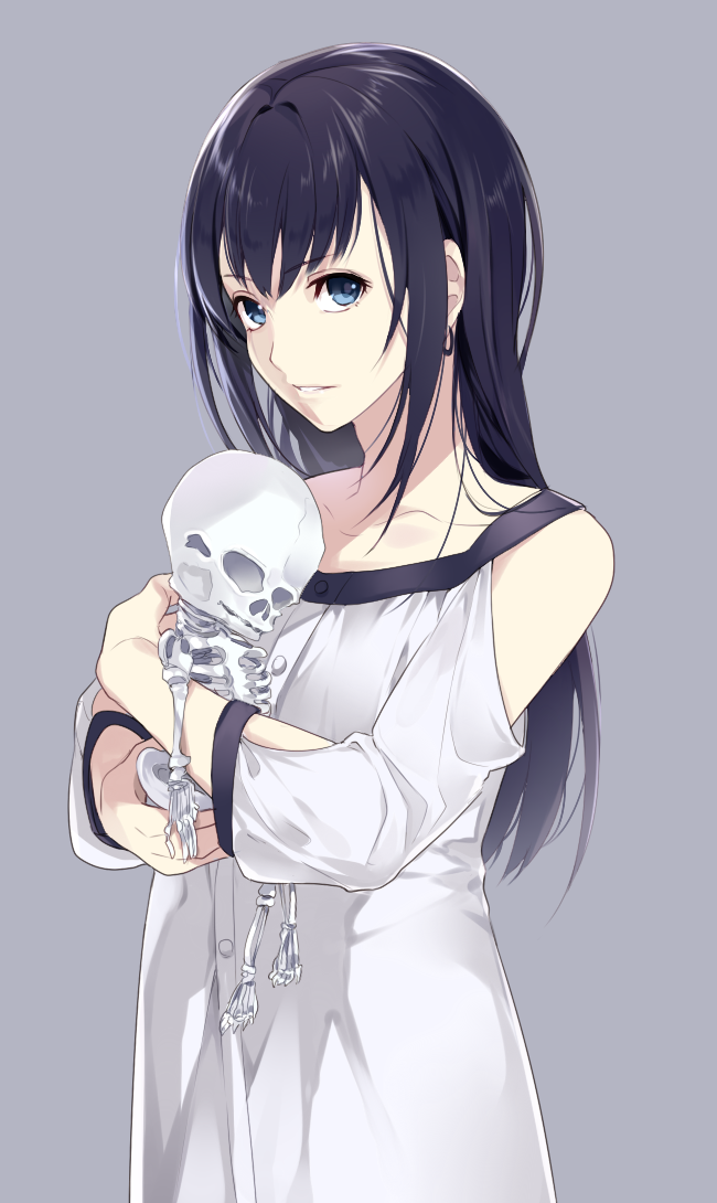 1boy baby bangs bare_shoulders black_hair blue_eyes earrings hanbee_(higawari_k) holding jewelry koga_norio narutaru parted_lips shoulder_cutout skeleton solo trap