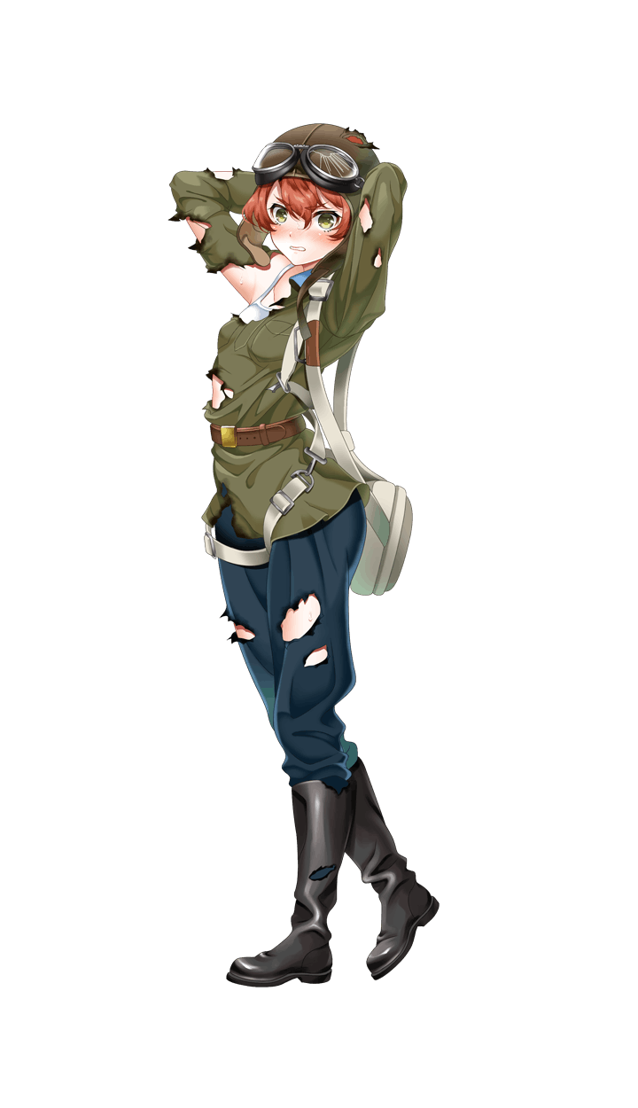 1girl arms_behind_back aviator_cap bag black_gloves blush formation_girls full_body gloves goggles goggles_on_headwear greenlee_chernyshova highres kamura_poku looking_at_viewer official_art open_mouth redhead short_hair solo torn_clothes transparent_background yellow_eyes
