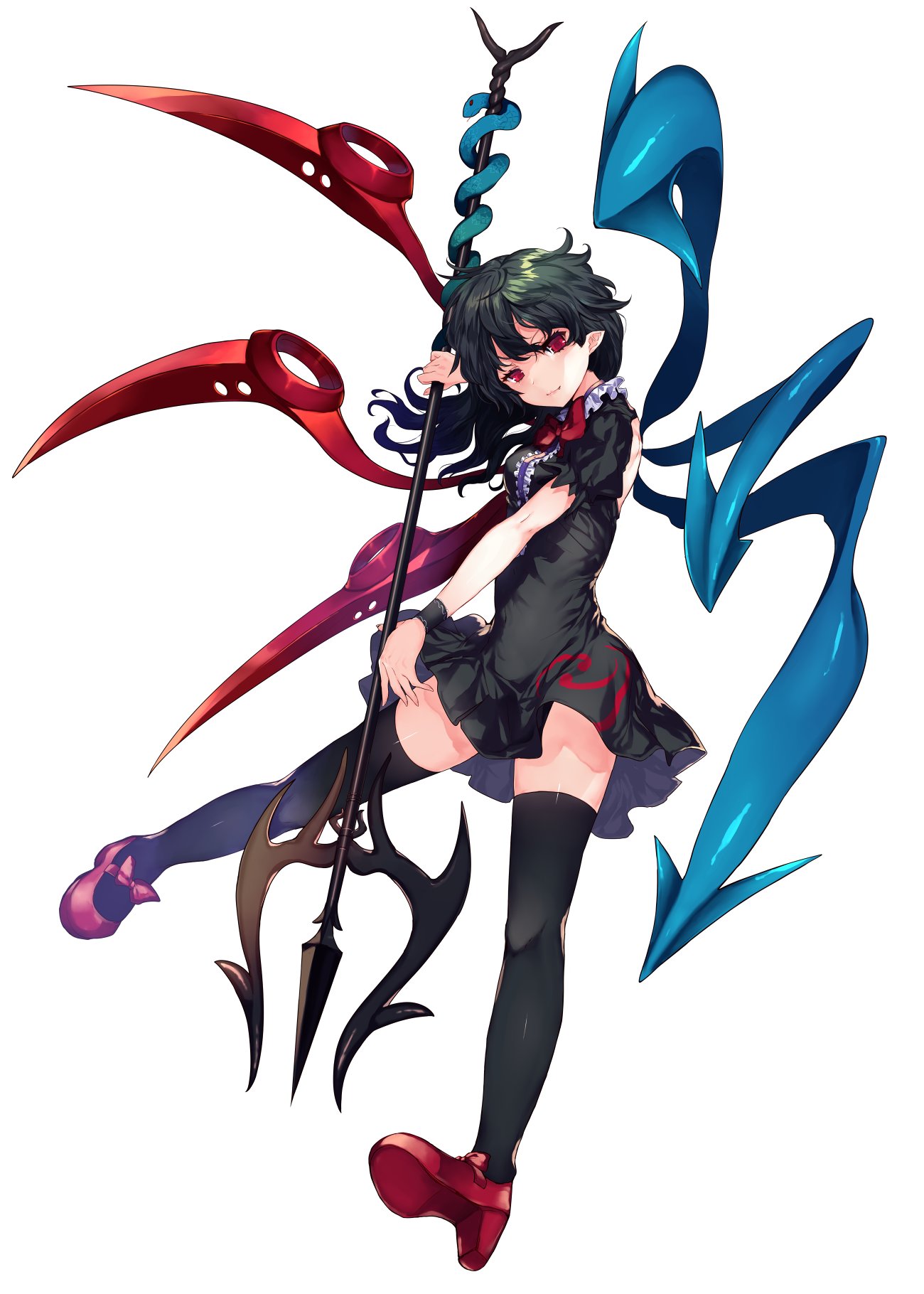 1girl abusoru asymmetrical_wings black_dress black_hair black_legwear bow bowtie breasts dress full_body high_heels highres holding holding_weapon houjuu_nue looking_at_viewer medium_breasts pointy_ears polearm red_bow red_bowtie red_eyes red_shoes shoe_bow shoes short_dress short_sleeves snake solo thigh-highs touhou trident weapon wings wrist_cuffs