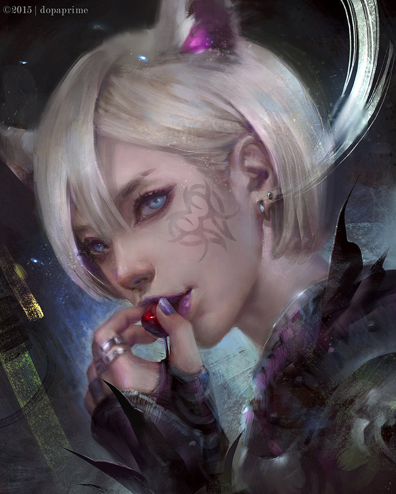1girl animal_ears bangs blue_eyes dutch_angle earrings facial_tattoo fingernails from_side hand_to_own_mouth jewelry livia_prima looking_at_viewer original platinum_blonde portrait realistic ring short_hair standing swept_bangs tattoo