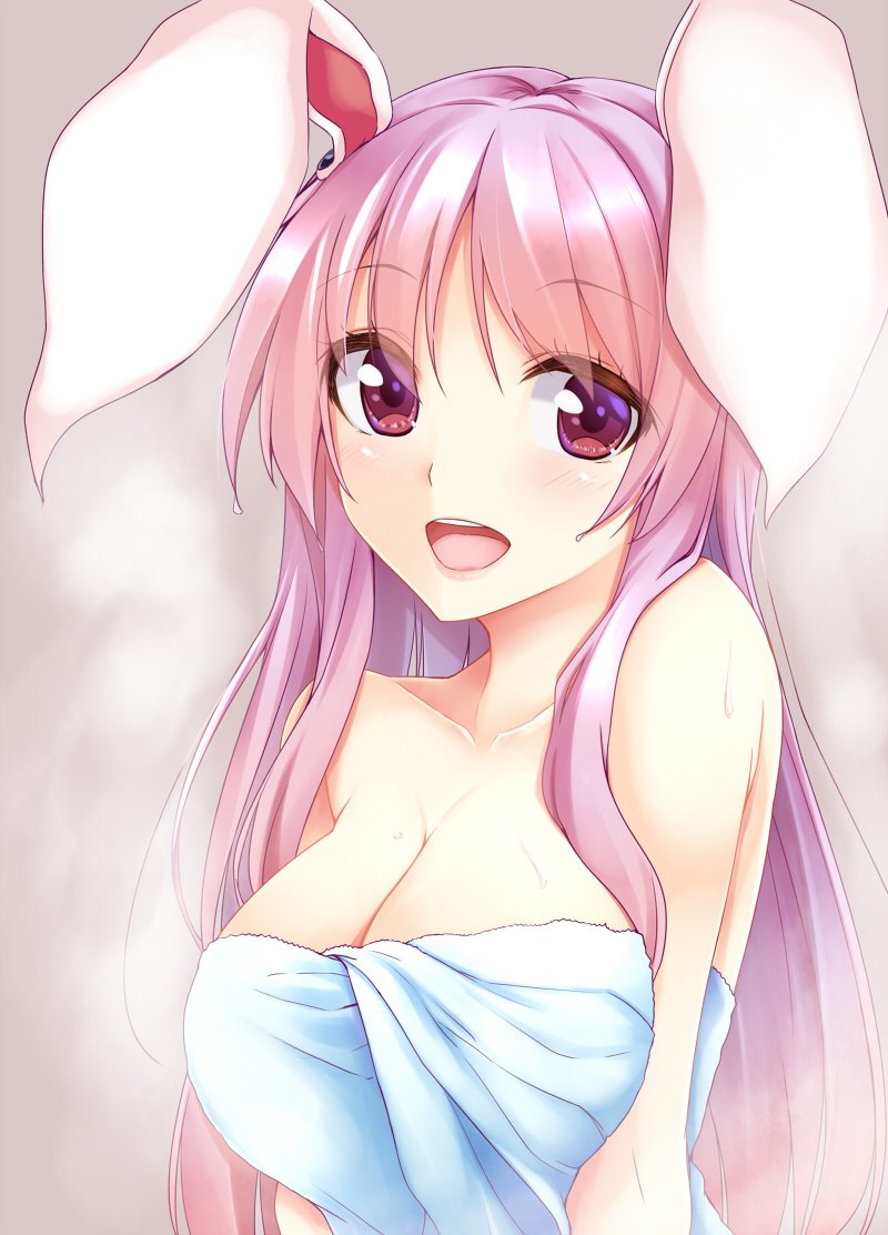 1girl animal_ears bangs breasts cleavage collarbone eyebrows_visible_through_hair kue large_breasts long_hair looking_at_viewer naked_towel open_mouth purple_hair rabbit_ears red_eyes reisen_udongein_inaba simple_background solo steam touhou towel upper_body wet wet_hair white_towel