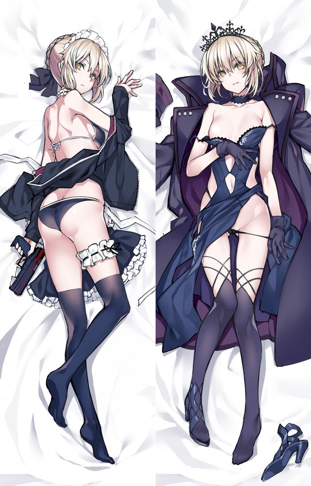 1girl artoria_pendragon_(swimsuit_rider_alter)_(fate) bare_shoulders bikini blonde_hair braid choker dakimakura fate/grand_order fate_(series) gloves grin gun hair_bun hair_ribbon handgun high_heels jacket_on_shoulders kodama_yuu navel navel_cutout no_nipples panties panty_pull pistol ribbon shoe_removed smile swimsuit thigh-highs thigh_strap tiara underwear weapon yellow_eyes